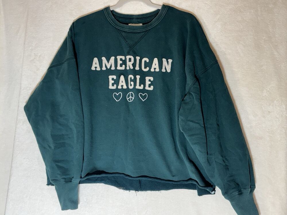 American Eagle Women's Cropped Oversized Sweatshirt Peace Love Graphics Green